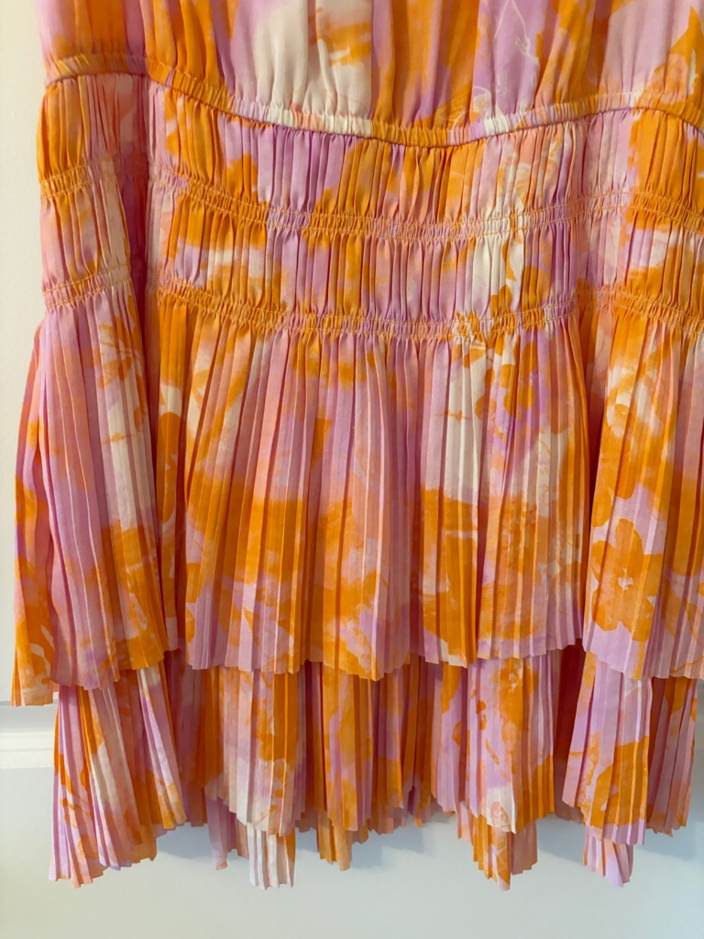 Anthropologie Pink & Orange Ruffled V-Neck Tiered Dress - Picture 3 of 9